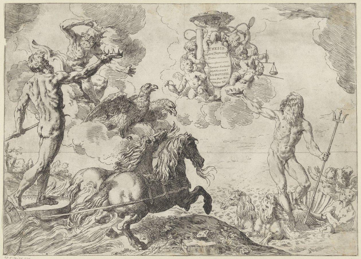 Jupiter, Neptunus och Pluto erbjuder sina kronor till kardinal Scipione Borgheses armar Avhandling Jupiter, Neptunus och Pluto coronas suas offerunt armis (titel på objekt) av Simone Cantarini