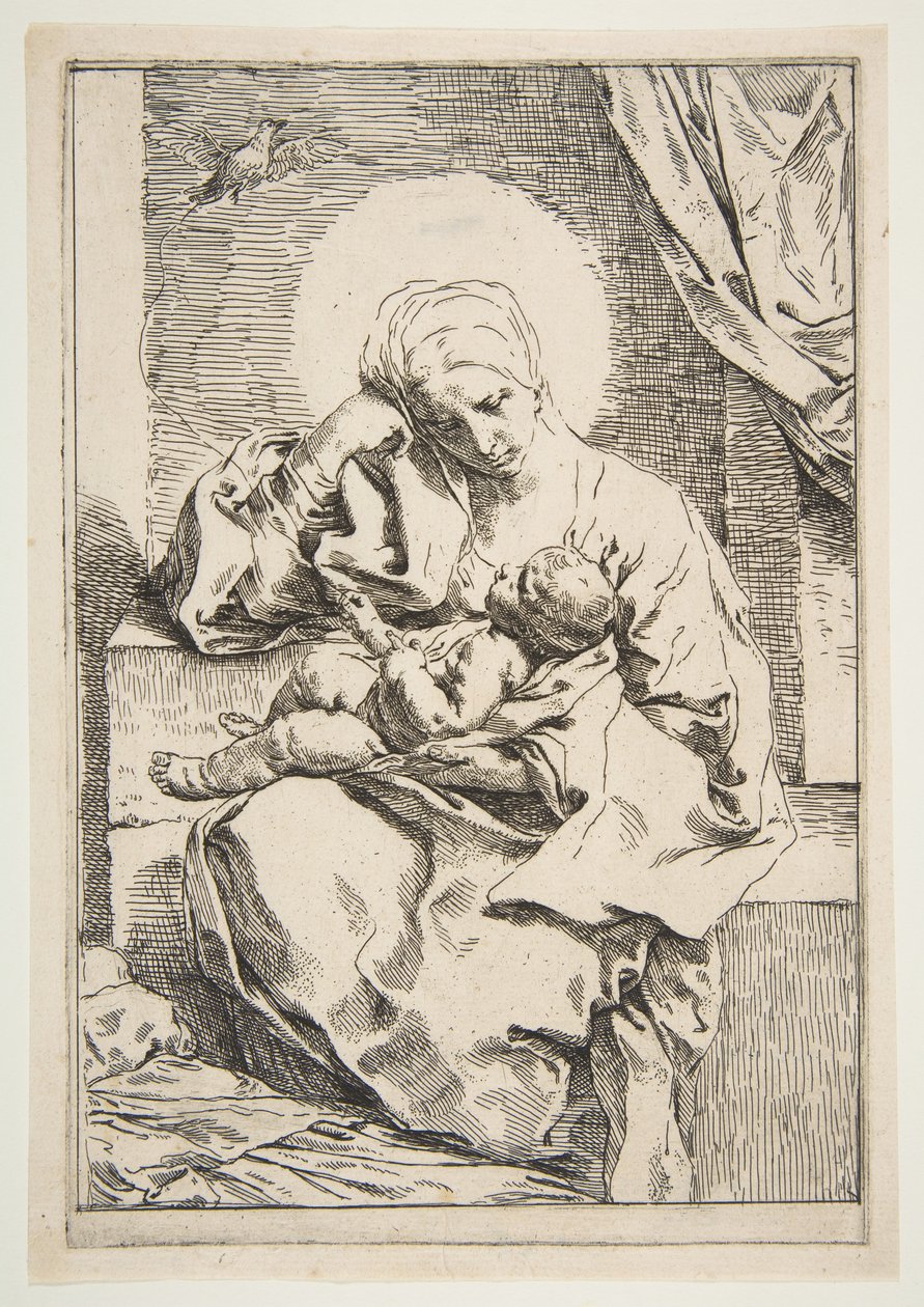 Madonna och barn med en fågel, ca. 1635-1636. av Simone Cantarini