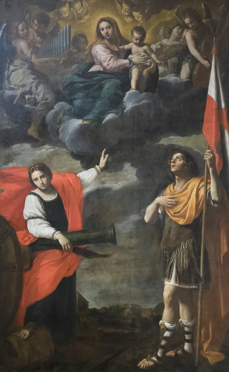 Madonna i härlighet med barnet och helgonen Barbara och Terenzio, ca 1630 (olja på duk) av Simone Cantarini
