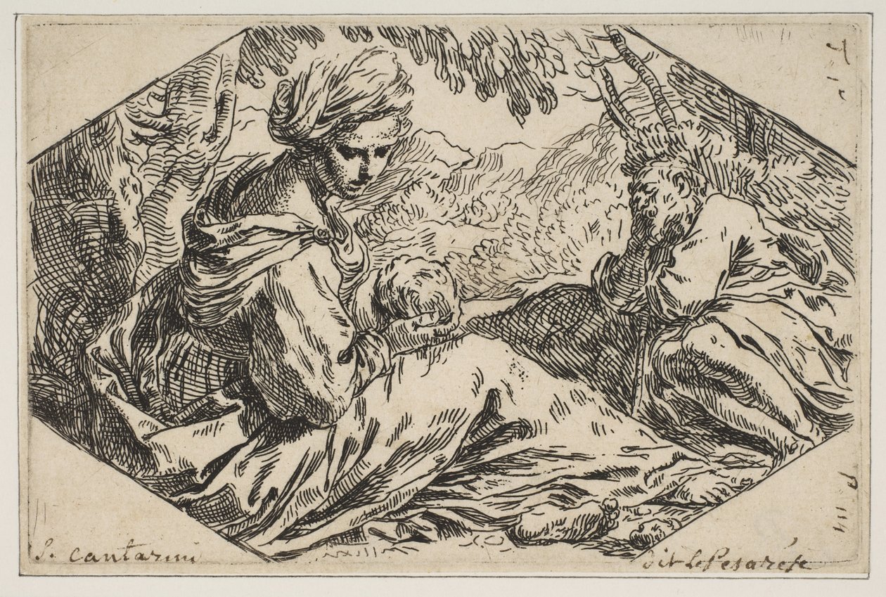 Vila i Egypten, Maria håller och tittar på spädbarnet Kristus medan St. Joseph s..., ca. 1637-1639. av Simone Cantarini