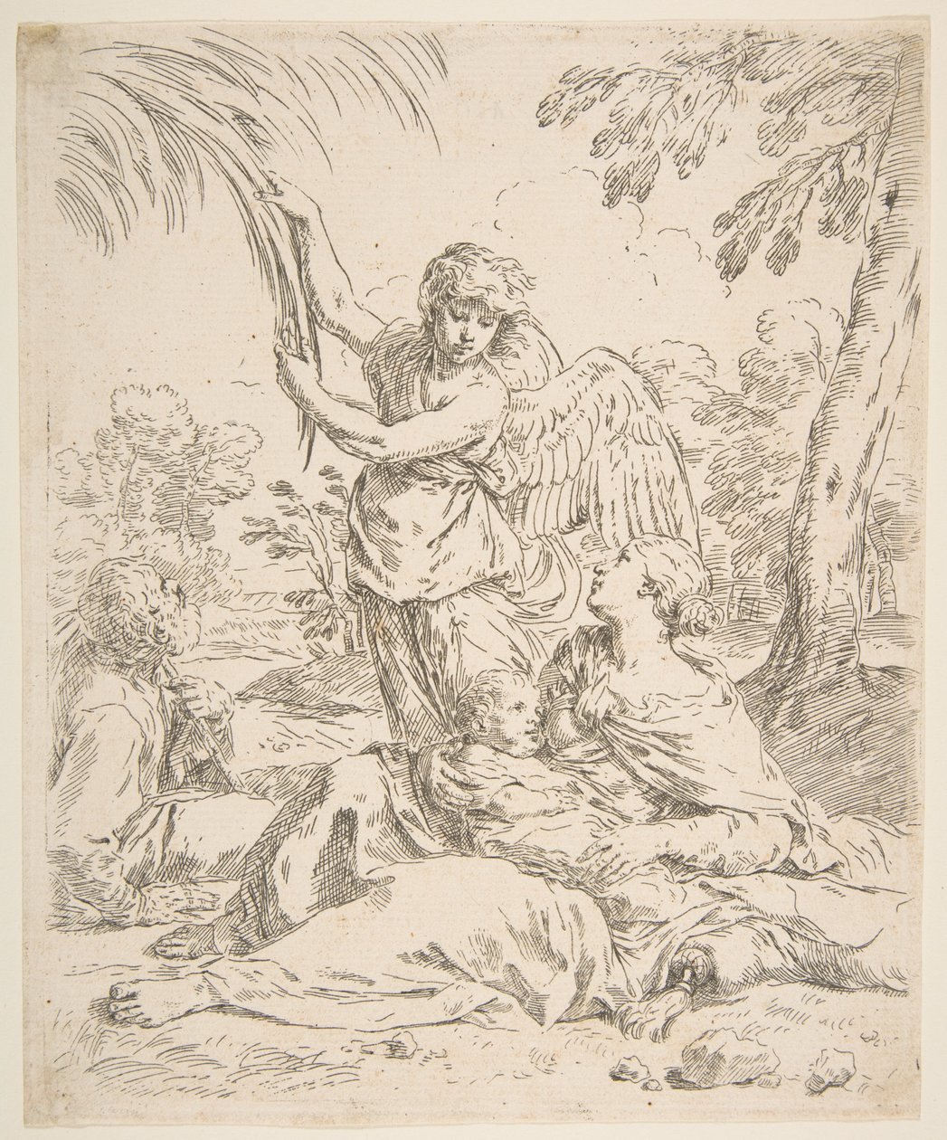 Vila i Egypten, Maria ammar spädbarnet Kristus medan en ängel drar i trädgrenar, ca. 1639. av Simone Cantarini