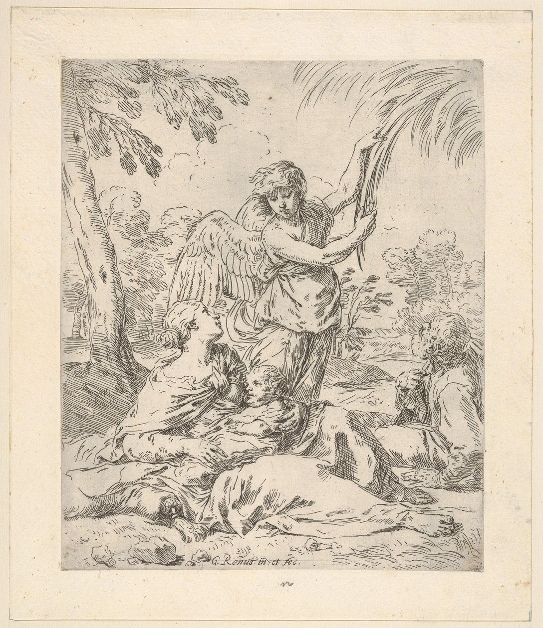 Vila i Egypten, Maria ammar spädbarnet Kristus medan en ängel drar i trädgrenen..., ca 1630-1648. av Simone Cantarini