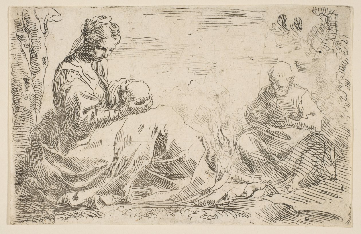 Vila på flyget till Egypten, Maria håller och tittar på spädbarnet Kristus medan St...., ca. 1637. av Simone Cantarini
