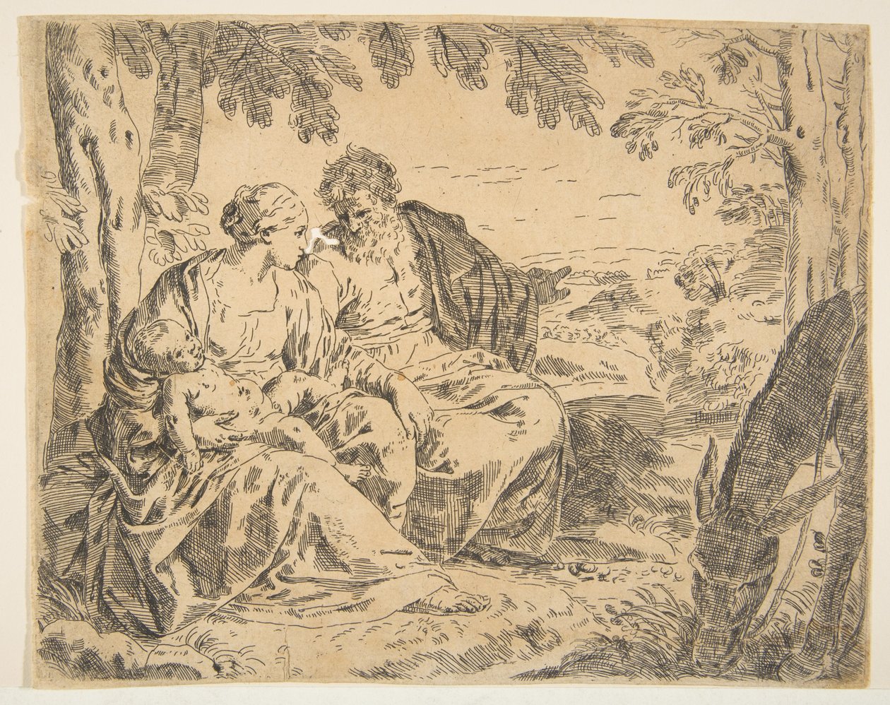 Vila på flykten till Egypten, Maria håller spädbarnet Kristus medan St ..., ca. 1637-1639 eller senare. av Simone Cantarini