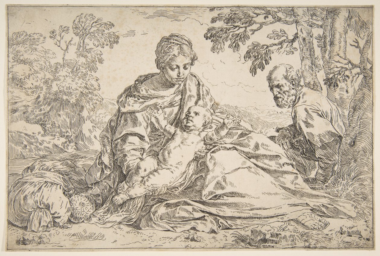 Vila på flyget till Egypten, Maria håller spädbarnet Kristus med St. Josef till höger, ca. 1640. av Simone Cantarini