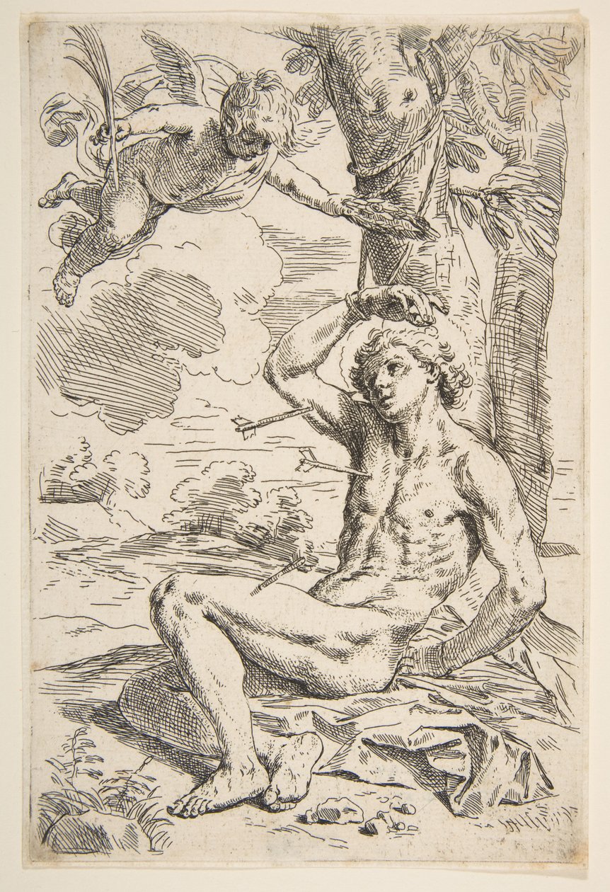 Saint Sebastian genomborrad med pilar och bunden till ett träd, ca. 1639. av Simone Cantarini