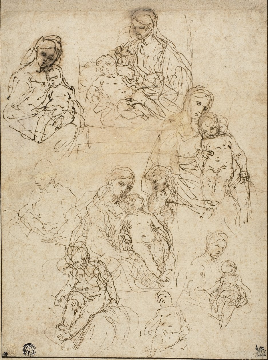 Skisser över jungfrun och barnet och den heliga familjen, 1642-48 av Simone Cantarini
