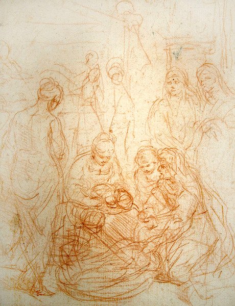 Jungfruns födelse (rödkrita på papper) av Simone Cantarini