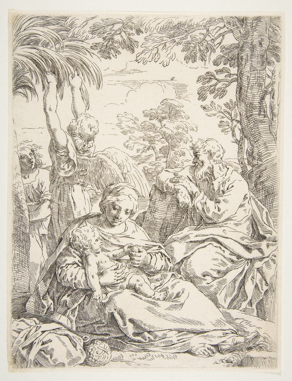 Den heliga familjen vilar på sin flykt till Egypten, ca. 1637-1639. av Simone Cantarini