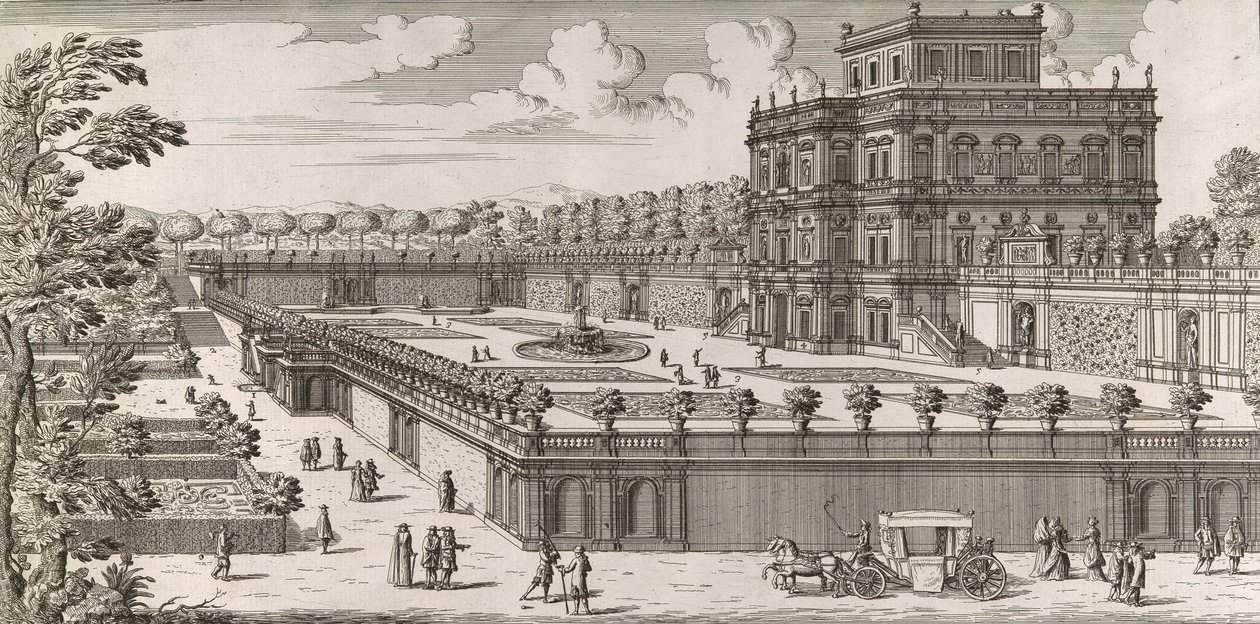 Utsikt över fasaden på Palazzo Pamphili och dess trädgård Secondo Prospetto Pe..., efter av Simone Felice
