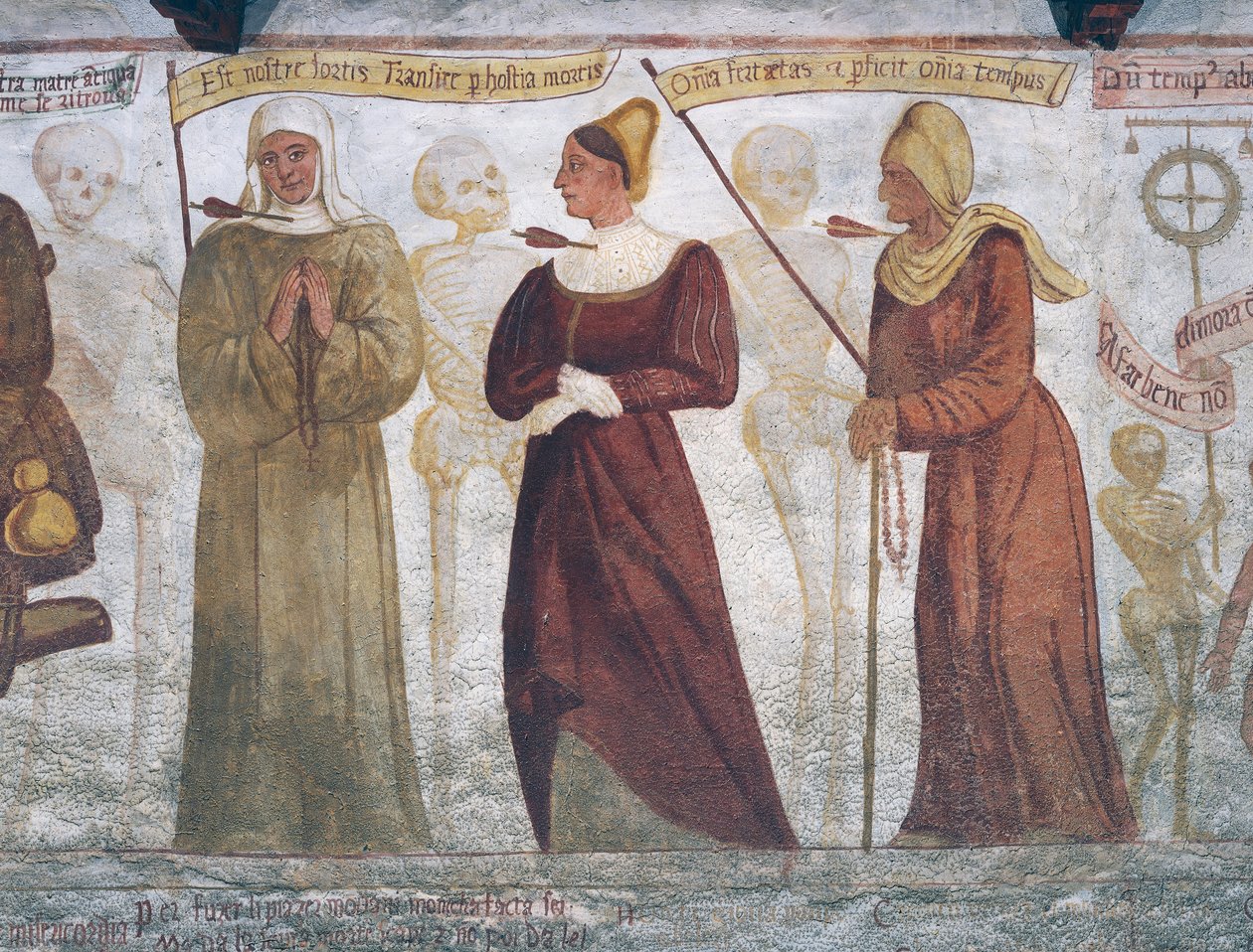 Döden med nunnan, den unga kvinnan och den gamla, detalj från Dödsdansen av Simone II Baschenis
