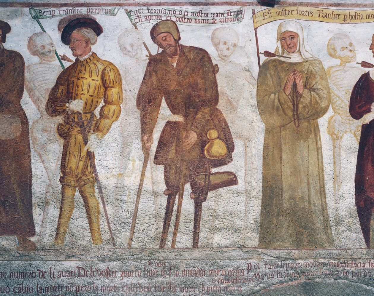 Döden med den unge mannen, tiggaren och nunnan, detalj från Dödsdansen av Simone II Baschenis