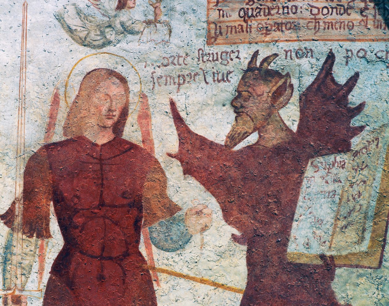 Ärkeängeln Mikael och djävulen med boken om de sju dödssynderna, detalj från Dödsdansen av Simone II Baschenis