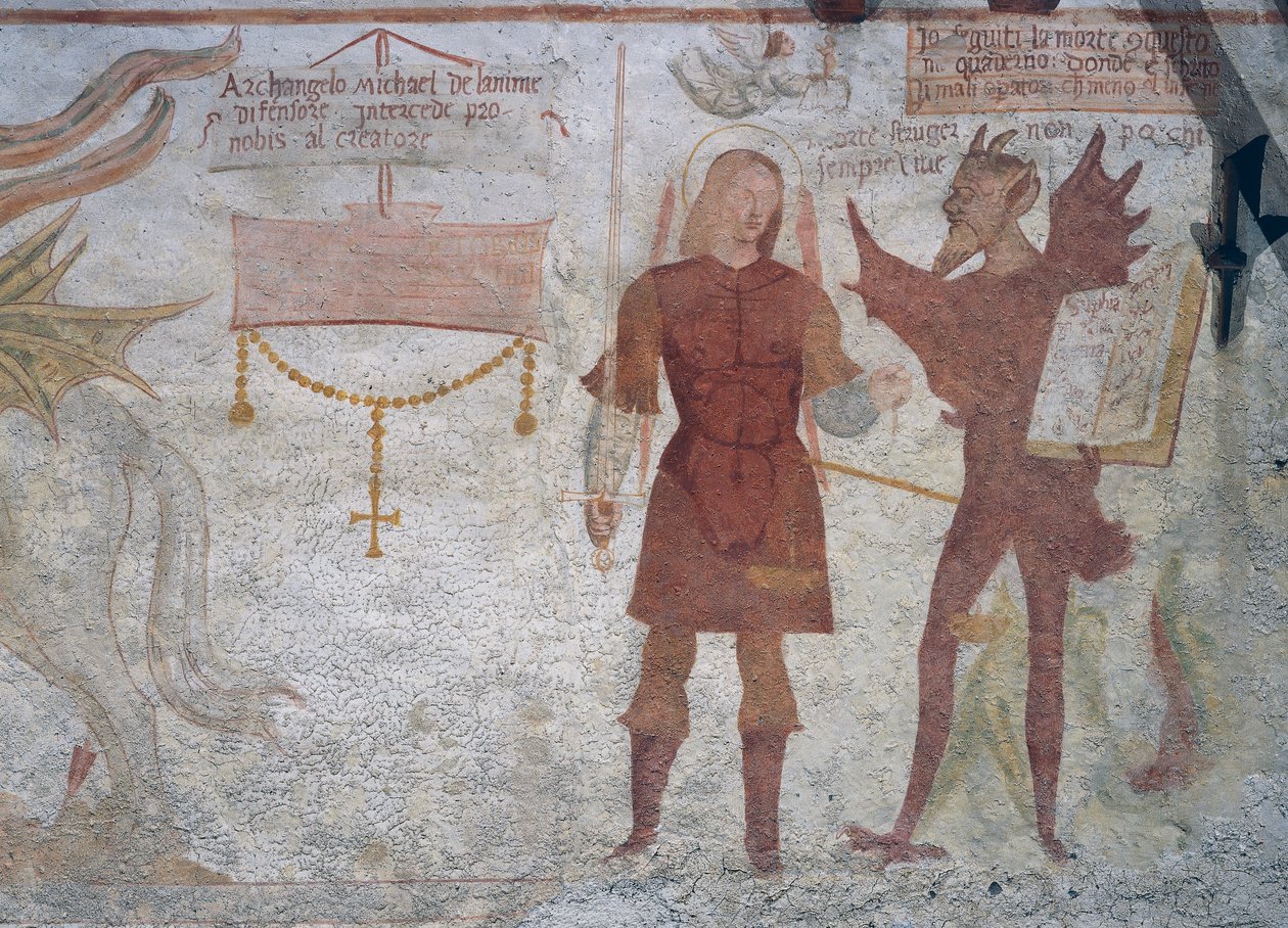 Ärkeängeln Mikael och djävulen med boken om de sju dödssynderna, detalj från Dödsdansen av Simone II Baschenis