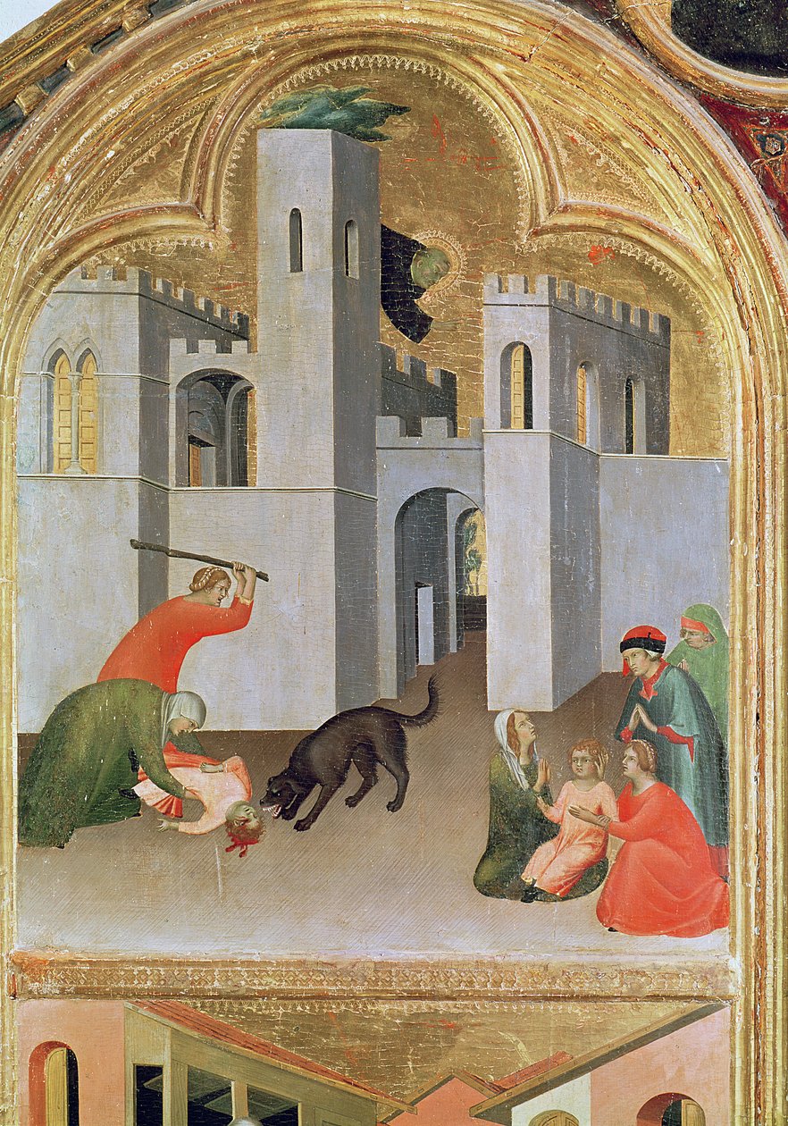Agostino Novella Rescuing a Child who has been biten by a hund, detalj från den välsignade Agostino Novello altartavlan, ca 1328 (tempera på panel) av Simone Martini