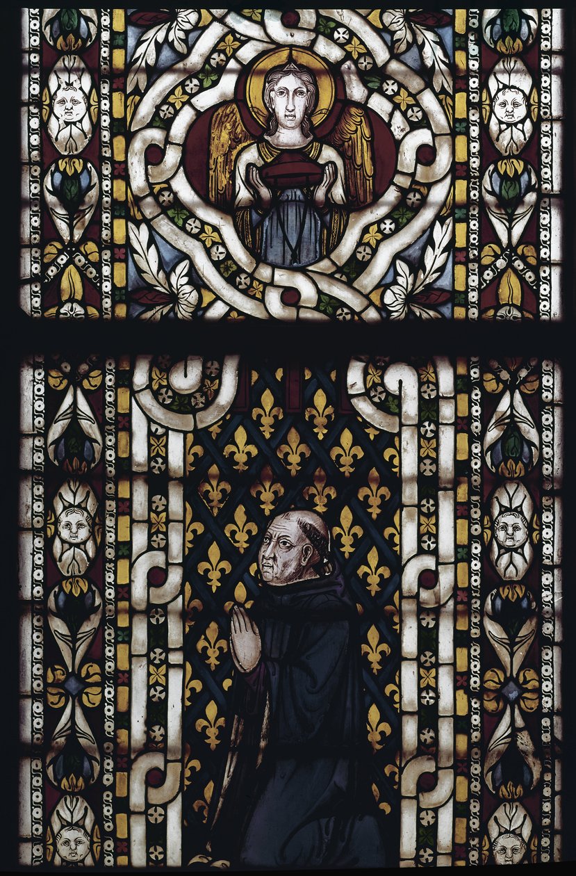 Kardinal Gentil av Montefiore (Gentile Partino da Montefiore, Gentilis av Monteflorum, ca 1240-1312) knäböjer - Målat glas av Simone Martini (ca 1284-1344), cm. 570 x 400. Basilica of St. Francis of Assisi, Lower Church, Chapel of St. Louis, Assisi av Simone Martini