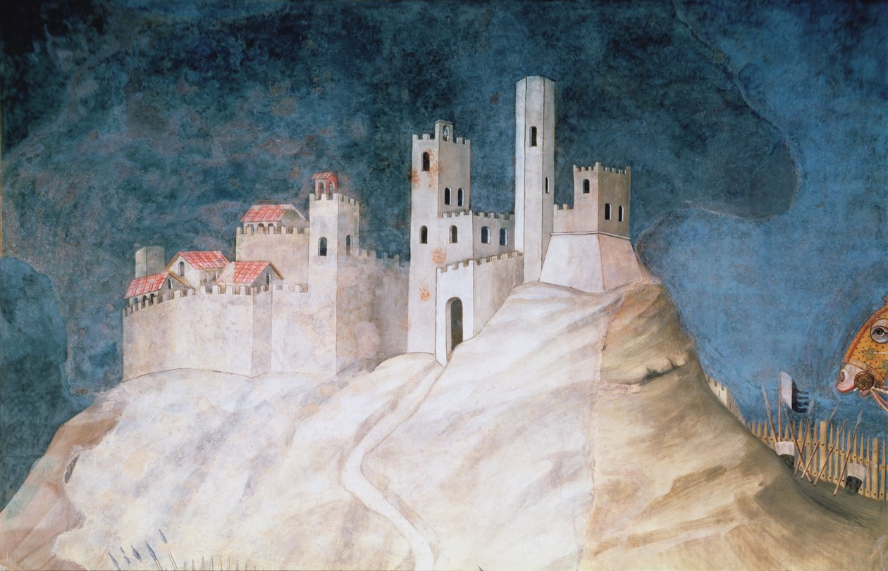 Åminnelse av Guidoriccio da Fogliano vid belägringen av Montemassi, detalj av fästningen Montemassi, från Sala del Mappamondo, 1328 av Simone Martini