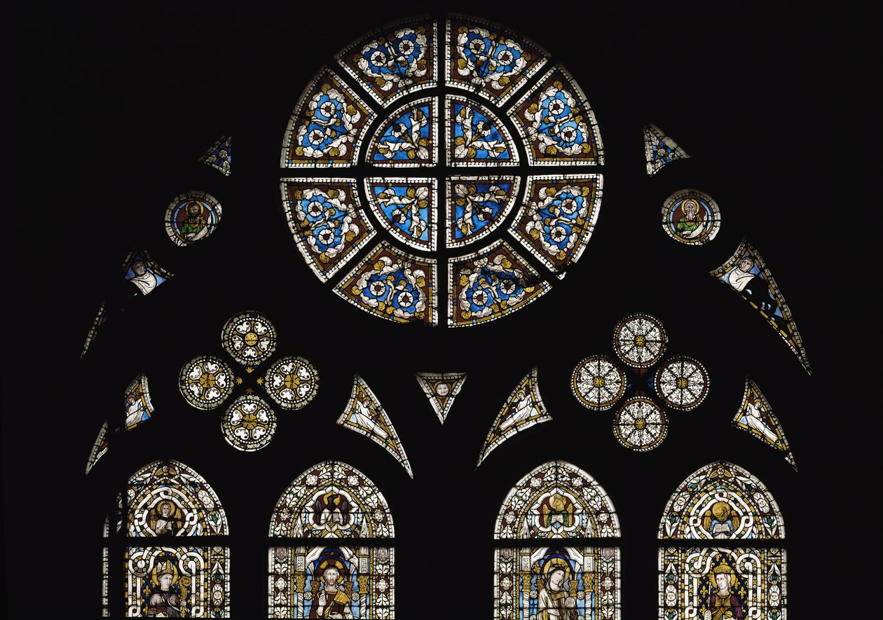 Detalj av den centrala rosetten, med i de ovala fönstren symboler för evangelisterna - Målat glas av Simone Martini (ca 1284-1344), cm. 570 x 400. Basilica of St. Francis of Assisi, Lower Church, Chapel of St. Louis, Assisi av Simone Martini