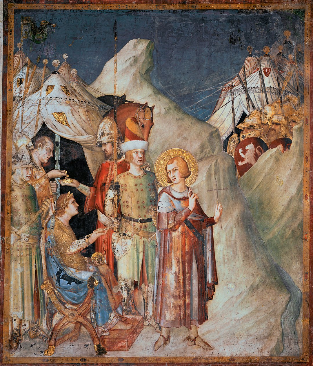 Avsnitt av Saint Martins liv: "" Saint Martin of Tours avsäger sig vapen"" Fresk av Simone Martini (1285-1344). 1312-1317 - Dim 265x230 cm Nedre basilikan av Saint Francis of Assisi; St Martins kapell, Assisi av Simone Martini