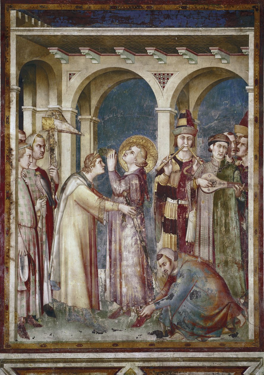 Fresk av Saint Martins liv. Saint Martin är en riddare, detalj. Festen Saint Martin de Tours och musikerna. Målning av Simone Martini (1280-1344). Fresk av Simone Martini