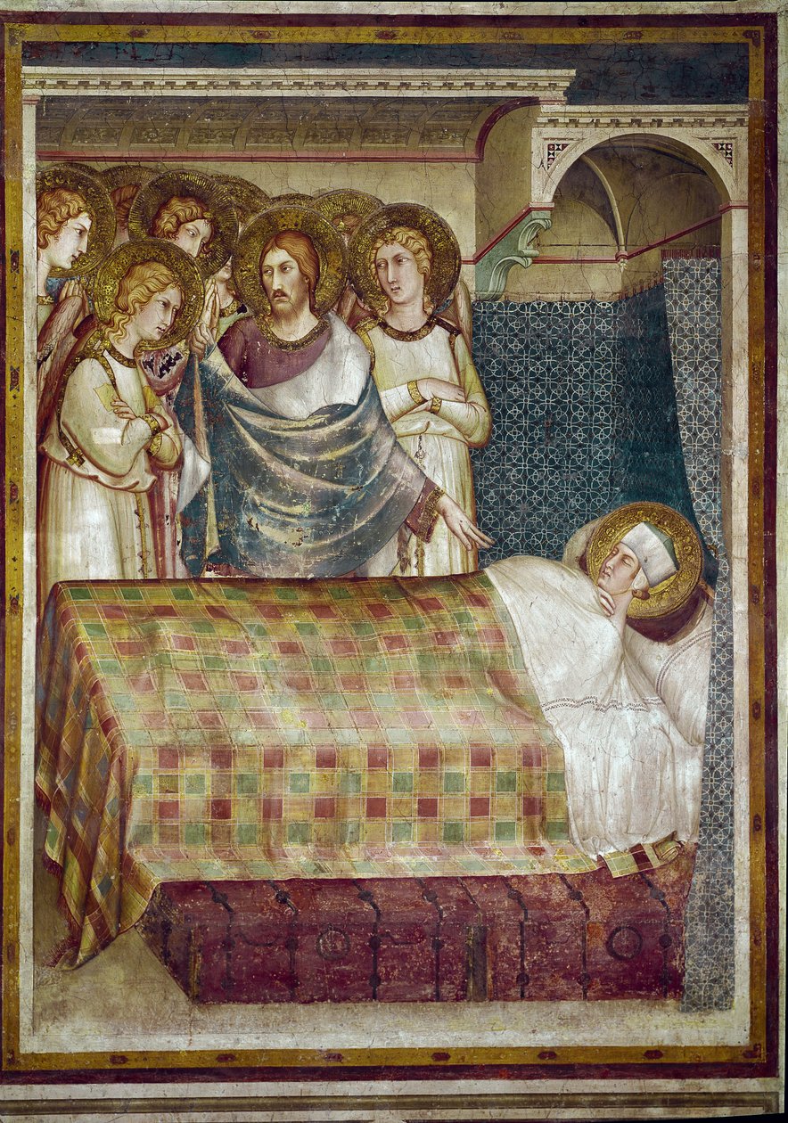 Fresk av Saint Martins liv. Sankt Martins dröm: Kristus, omgiven av änglar, uppenbarar för honom att han var tiggaren till vilken han gav sin kappa. Målning av Simone Martini (1280-1344). Fresk av Simone Martini