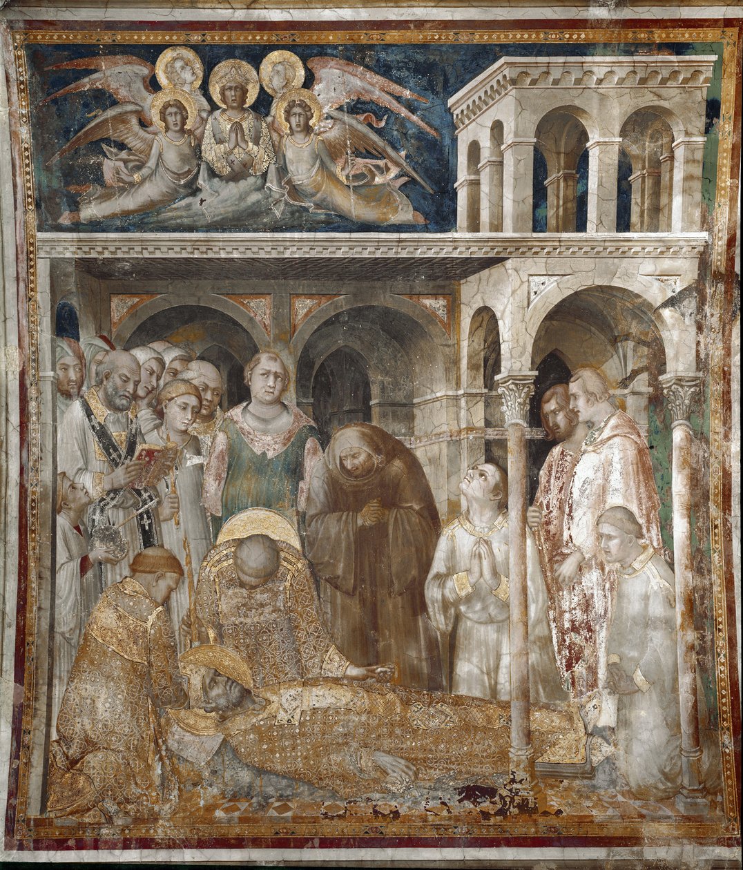 Fresk av Saint Martins liv. St Martins död. Målning av Simone Martini (1280-1344). Fresk av Simone Martini