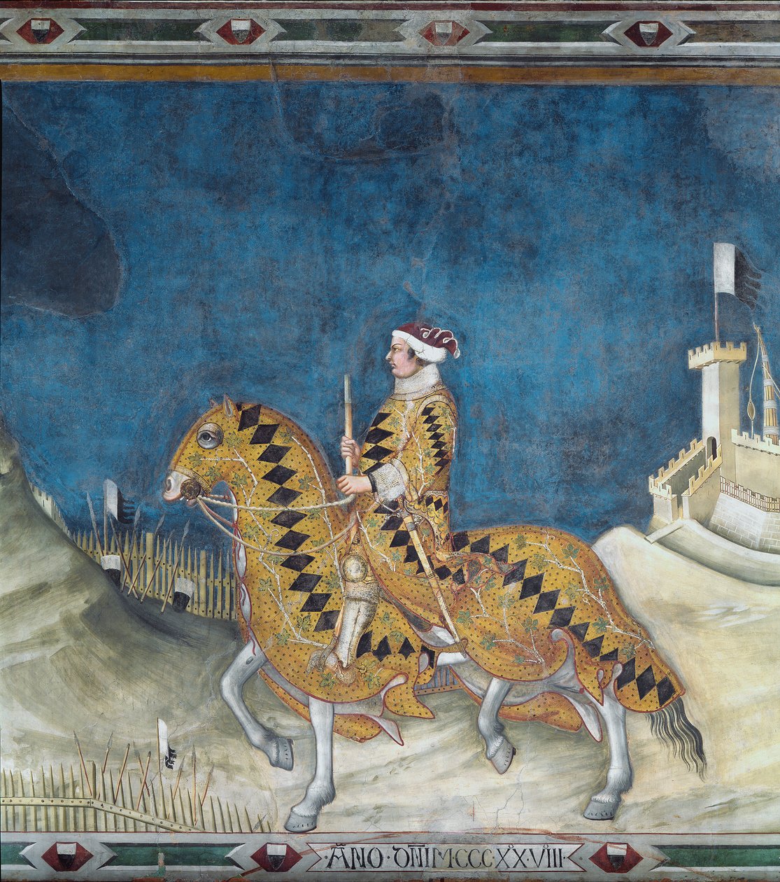 Guidoriccio da Fogliano. Guido Riccio da Fogliano (död 1352), befälhavare (condottiero) för armén i Siena, under erövringen av slottet Montemassi i Maremma (Maremma) 1328. Fresk av Simone Martini (1284-1344) av Simone Martini