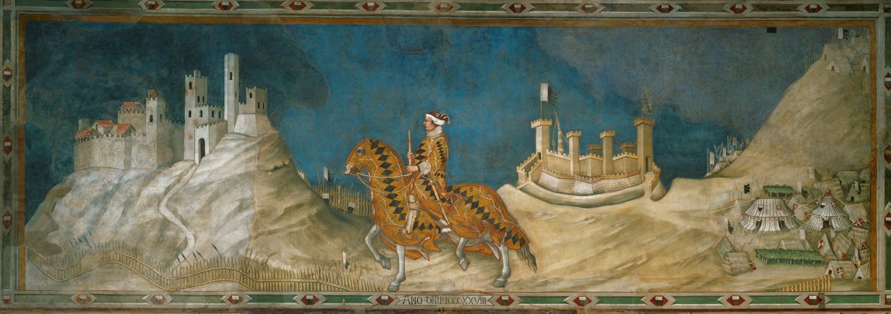 Guidoriccio da Fogliano, condottiere, rider genom de karga bergen som omger Siena (väggmålning) av Simone Martini