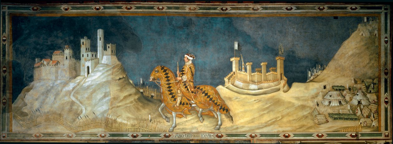 Guidoriccio da Fogliano. representation av Guido Riccio da Fogliano (död 1352), befälhavare (condottiero) för Sienas armé, under erövringen av slottet Montemassi i Maremma (Maremma) 1328. Målning av Simone Martini (1280-1344) av Simone Martini