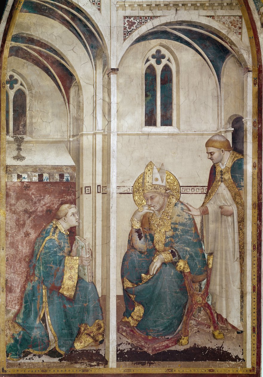 Life of Saint Martin of Tours (316-397): Saint Martin i meditation (Saint Martin of Tours mediterar) - Fresk av Simone Martini (ca 1284-1344), ca. 1312-1317, cm. 390x200 - Basilica of Saint Francis of Assisi, nedre kyrkans kapell Saint Martin, Assisi av Simone Martini