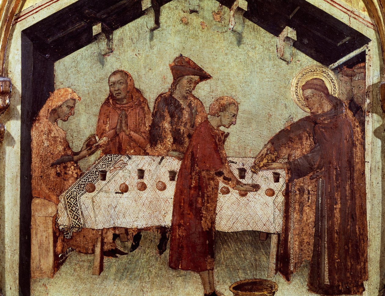Louis serverar munkarna vid bordet, detalj från Louis av Toulouses liv, från predella av Saint Louis biskop av Toulouse som kröner sin bror Robert av Anjou, kung av Neapel av Simone Martini