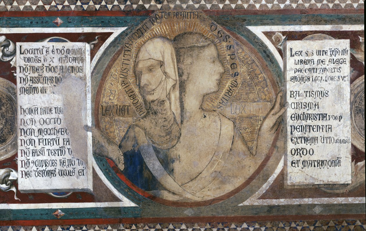 Maesta: Tvåsidig figur som representerar gammal lag och ny lag, detalj från ramen, detalj 1315 av 51591 av Simone Martini