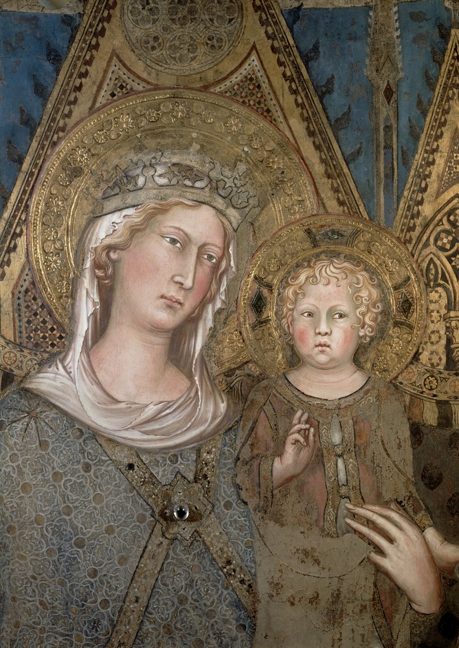 Maesta, detalj av Madonnan och barnet, 1315 freskdetalj av 51591 och 79367 av Simone Martini