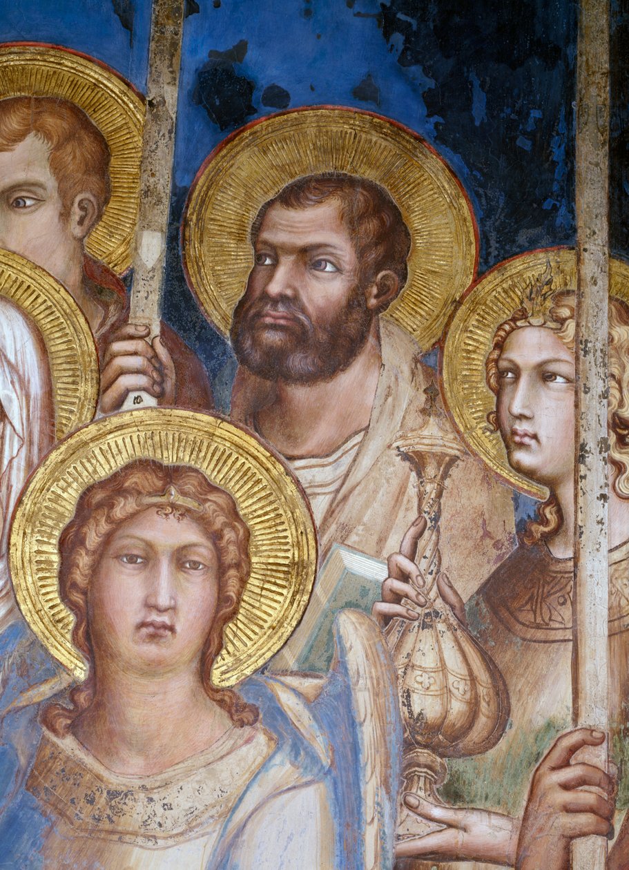 Maesta, detalj av helgonen, 1315 fresk av Simone Martini
