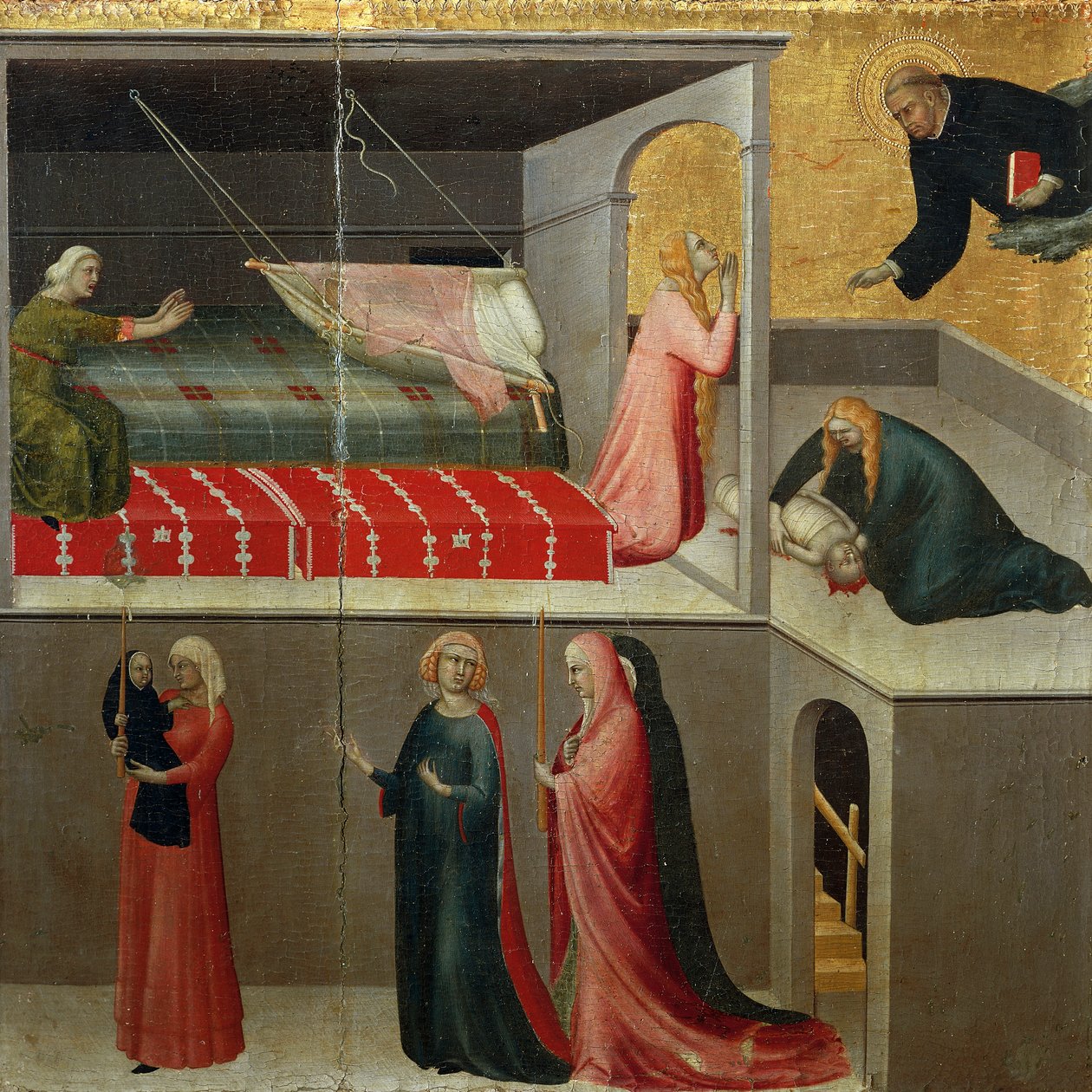 Mirakel av en baby som föll från spjälsängen, detalj från altartavlan med titeln Blessed Agostino Novello och berättelser om hans liv av Simone Martini (1283-1344), olja på duk, 200x256 cm, cirka 1330 av Simone Martini