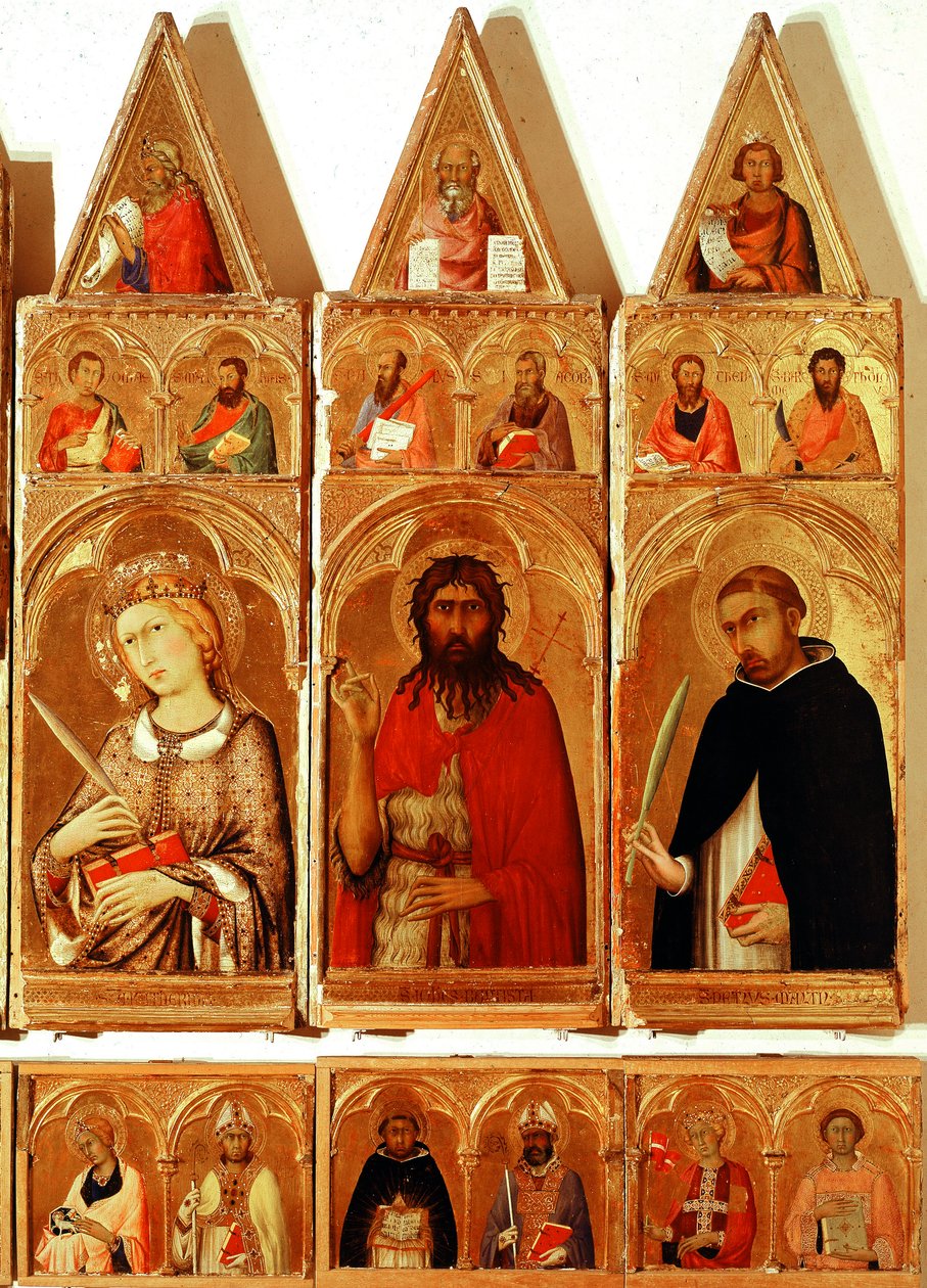 Saint Catherine of Alexandria, Saint John the Baptist, Saint Peter of Verona. Detalj av Saint Catherine of Alexandria Polyptych (tempera och guld på trä av Simone Martini