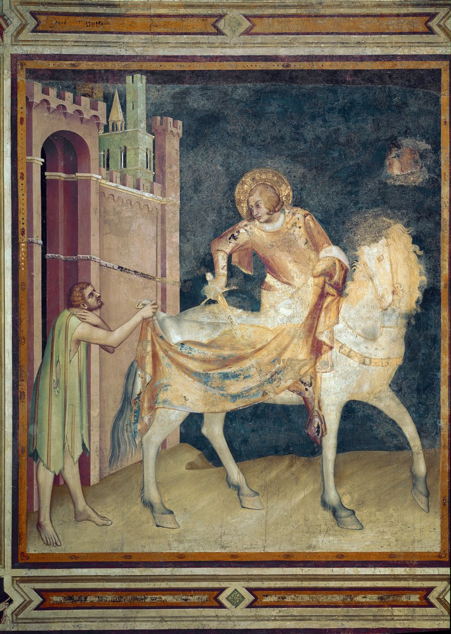 Sankt Martin delar sin kappa med en tiggare. Fresk av Simone Martini (1282-1344). 1315. Nedre basilikan Saint Francois av Assisi, kapell av Saint Martin. Sitt ner. av Simone Martini