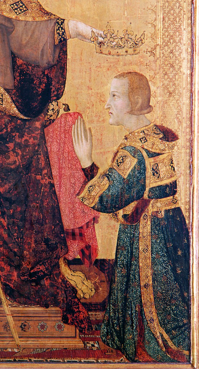 St. Louis av Toulouse (1274-97) kröner sin bror, Robert av Anjou (1278-1343) från altaret i St. Louis av Toulouse, 1317 (tempera på panel) (detalj av 183716) av Simone Martini