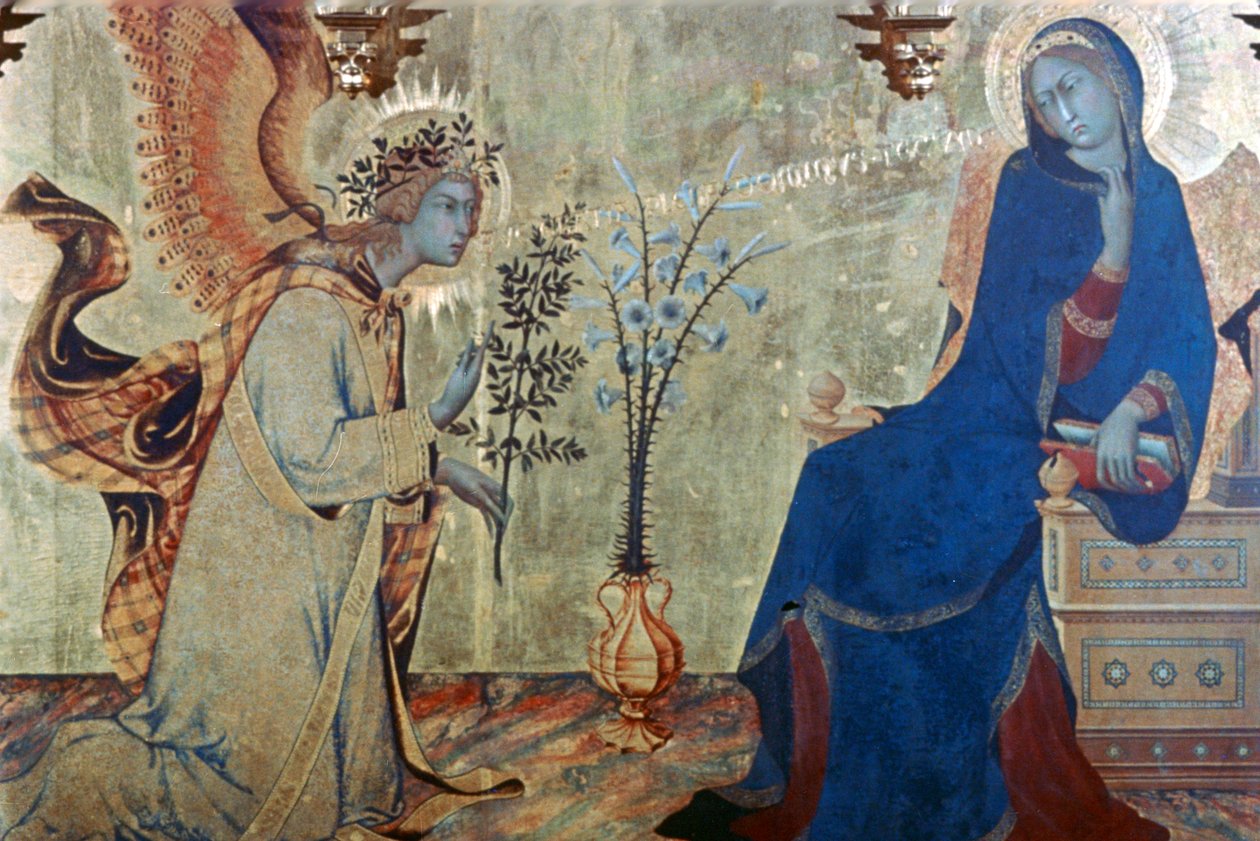 Bebådelsen och två heliga, detalj, 1333 av Simone Martini