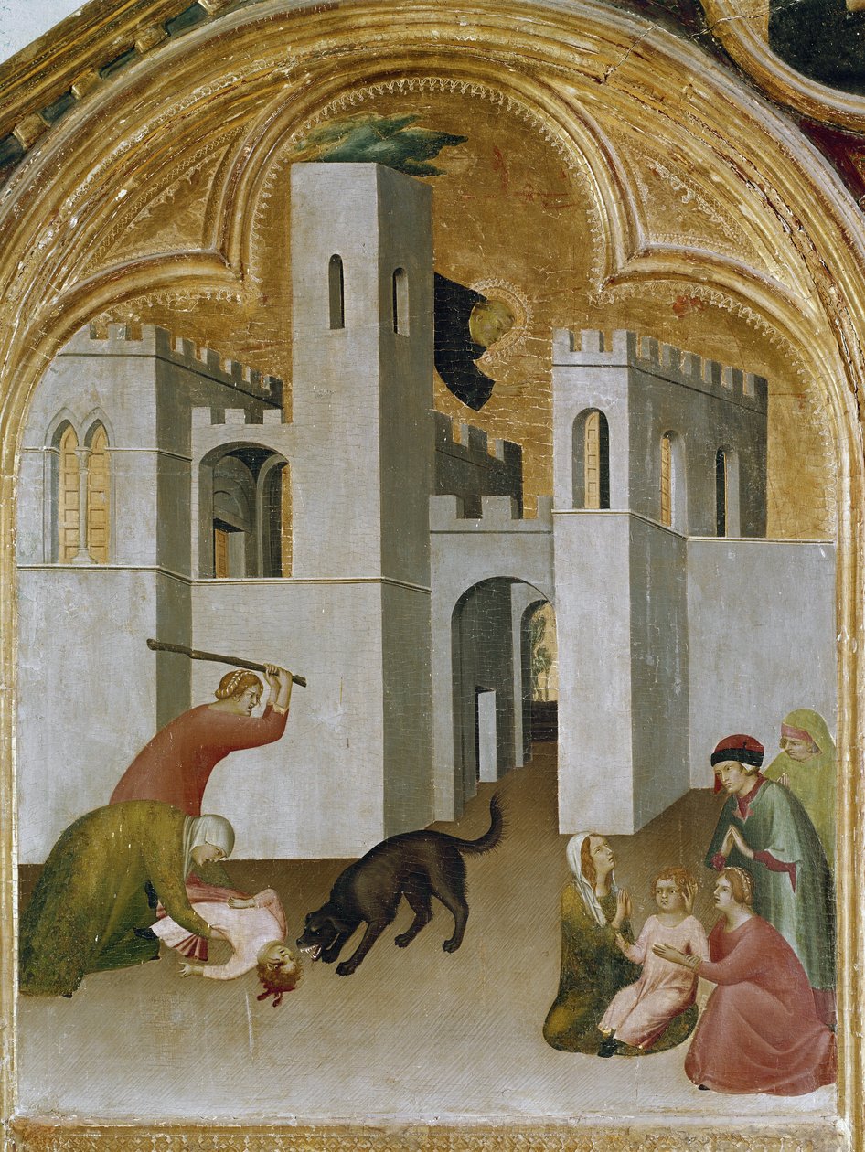 Barnets mirakel griper tag mellan huggtänderna på en varg. Del av triptyken History of Eremit of St. Augustine (Tempera på trä av Simone Martini