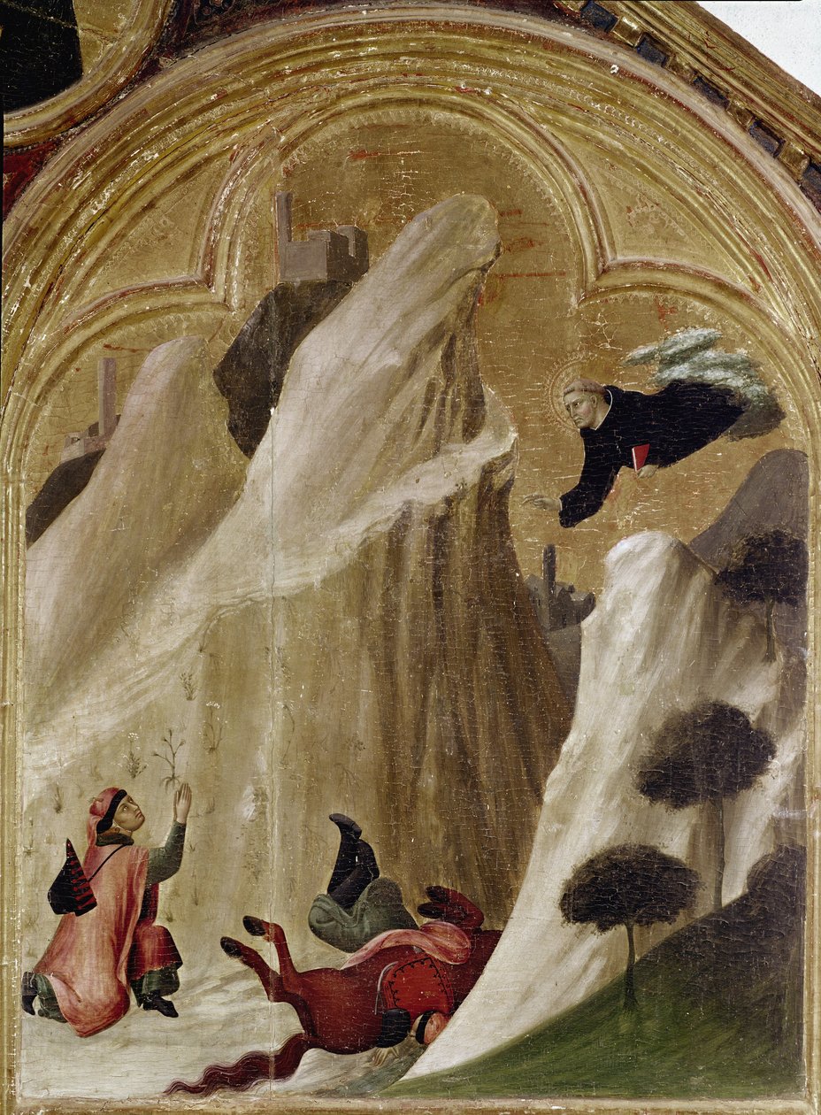 Miraklet med riddaren som faller från klippan och förblir vid liv. Del av triptyken History of Eremit of St. Augustine (Tempera på trä av Simone Martini