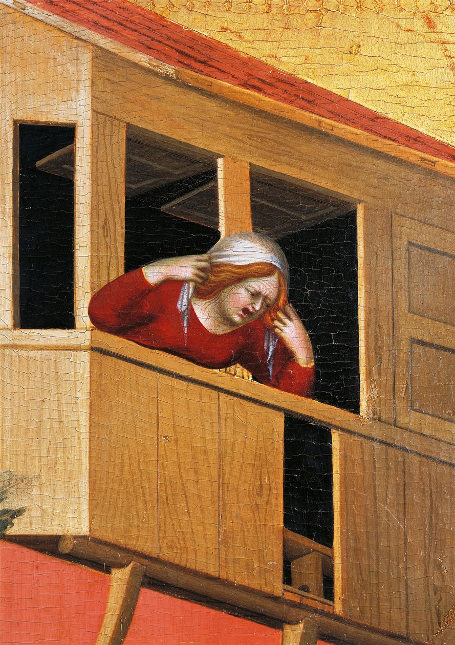 Kvinna lutad över balkongen, detalj från altartavlan med titeln Blessed Agostino Novello och berättelser om hans liv, av Simone Martini (1283-1344), olja på duk, 200x256 cm, ca 1330 av Simone Martini