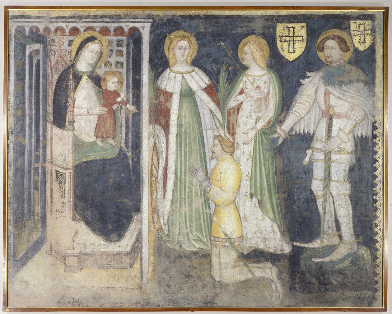 Madonna och barn med St. Catherine, St. Ursula, St. George och beskyddaren, Theodoric of Chur av Simone da Corbetta
