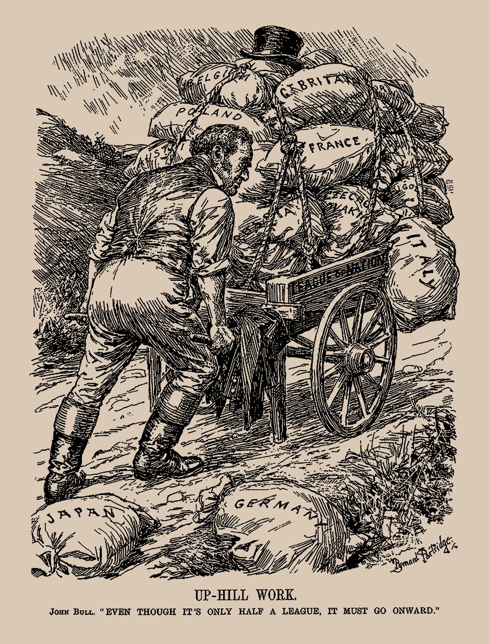 Arbete i uppförsbacke. John Bull. Även om det bara är en halv liga, måste det gå vidare, 1935. av Sir Bernard Partridge