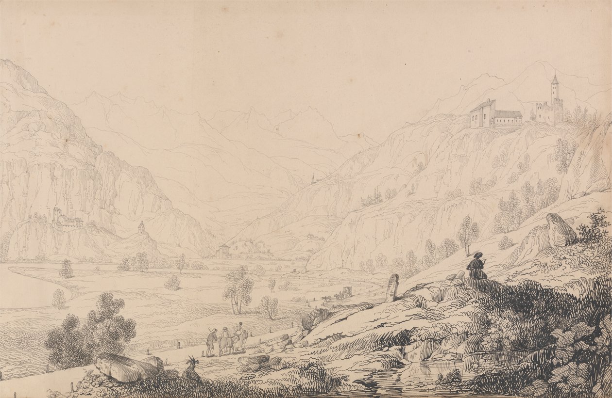 Album med 30 vyer i Tyrolen och Italien: Wafensteins slott [?], Sprechenstein och Reifenstein några mil från Brenner, 27 oktober 1840 av Sir Charles D