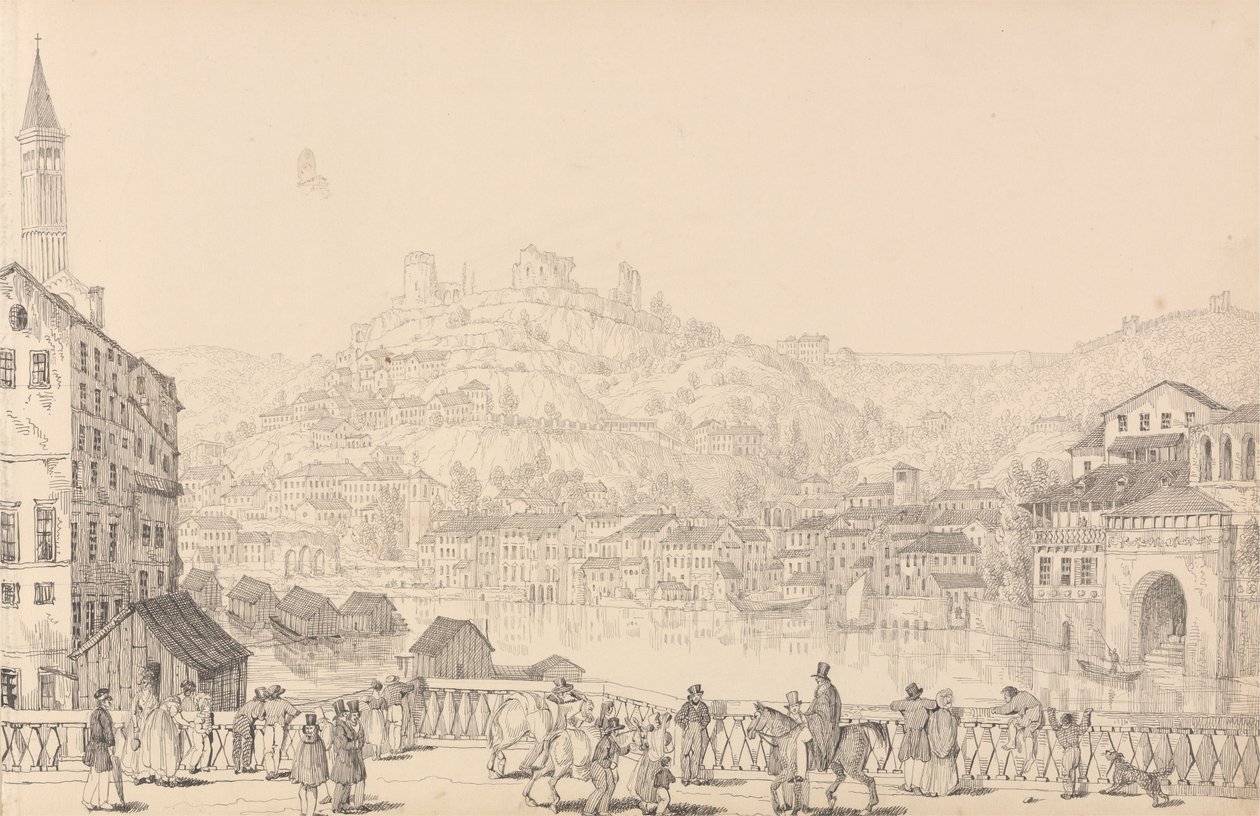 Album med 30 vyer i Tyrolen och Italien: Staden Verona och slottet San Pietro från en annan bro, 1 november 1840 av Sir Charles D