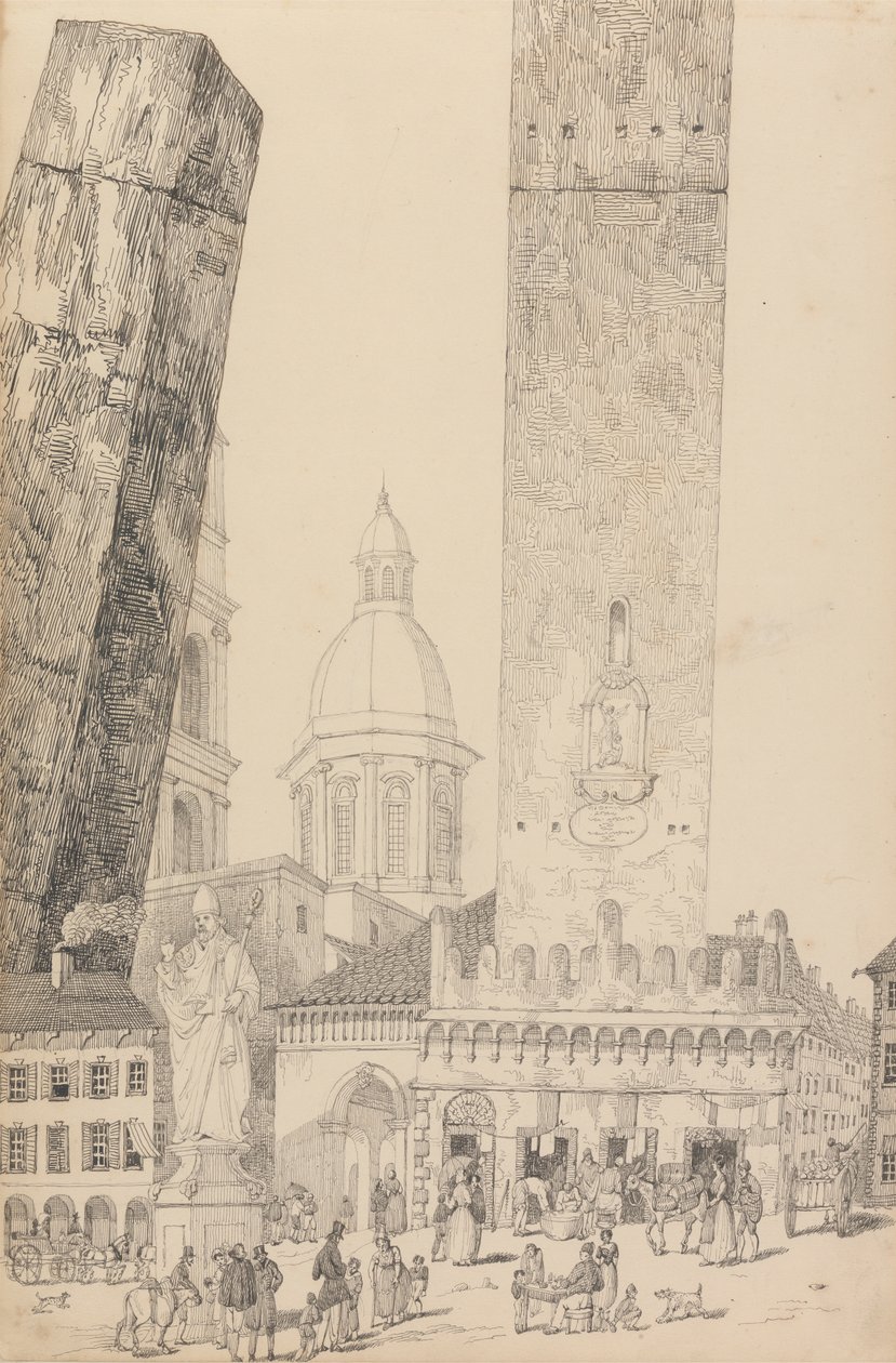 Album med 30 vyer i Tyrolen och Italien: Lutande tornen, Statyn av St. Franciskus, Bologna 12 november 1840 av Sir Charles D
