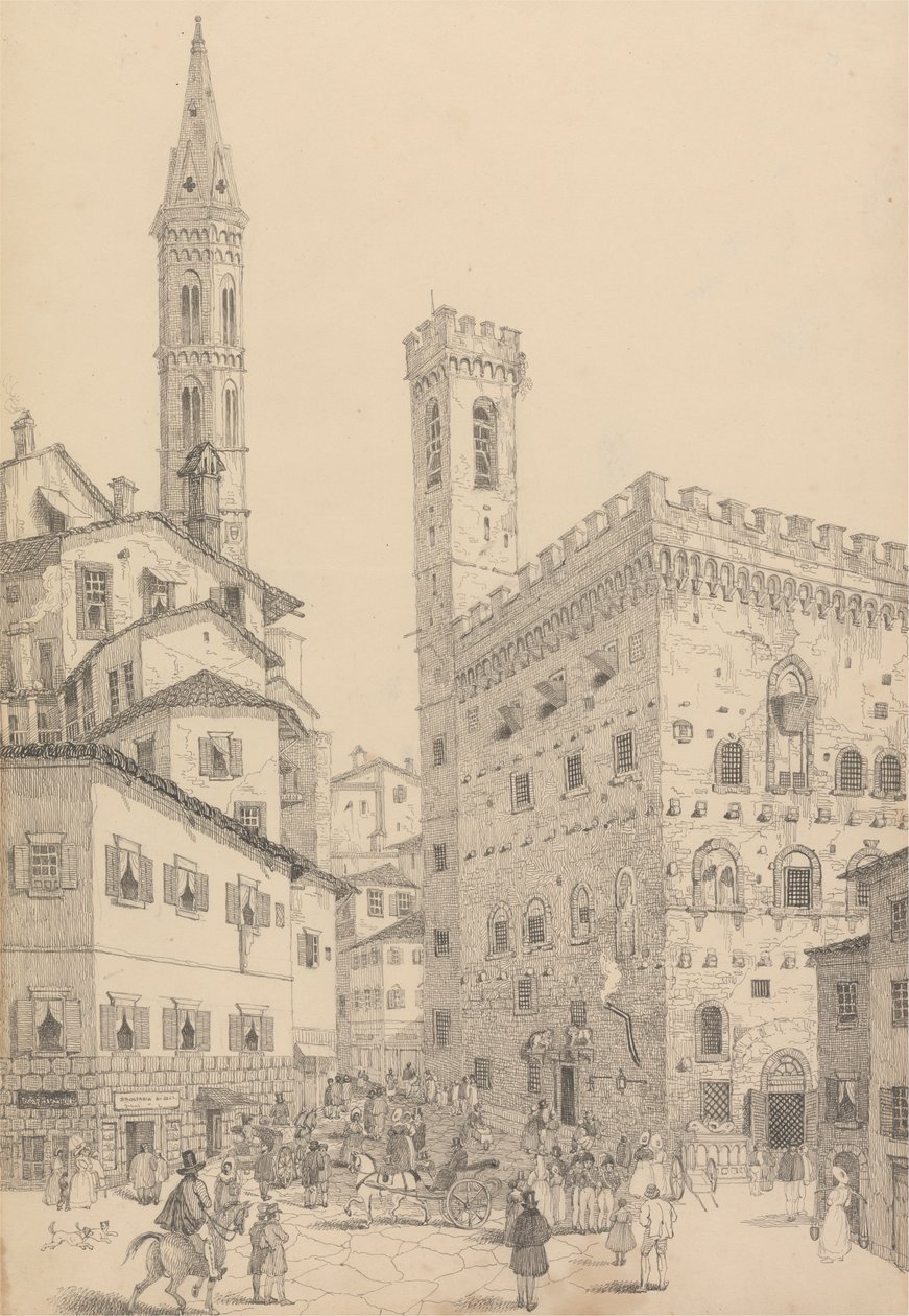 Album med 30 vyer i Tyrolen och Italien: South View of the Barqello eller State Prison and the Spire of the Badia 3 maj 1842 av Sir Charles D