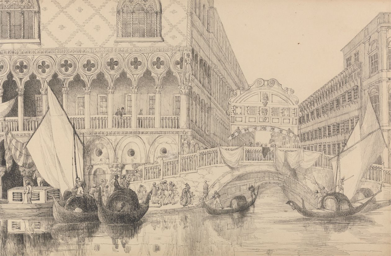 Album med 30 vyer i Tyrolen och Italien: Suckarnas bron och en del av Dogepalatset 10 november 1840 av Sir Charles D
