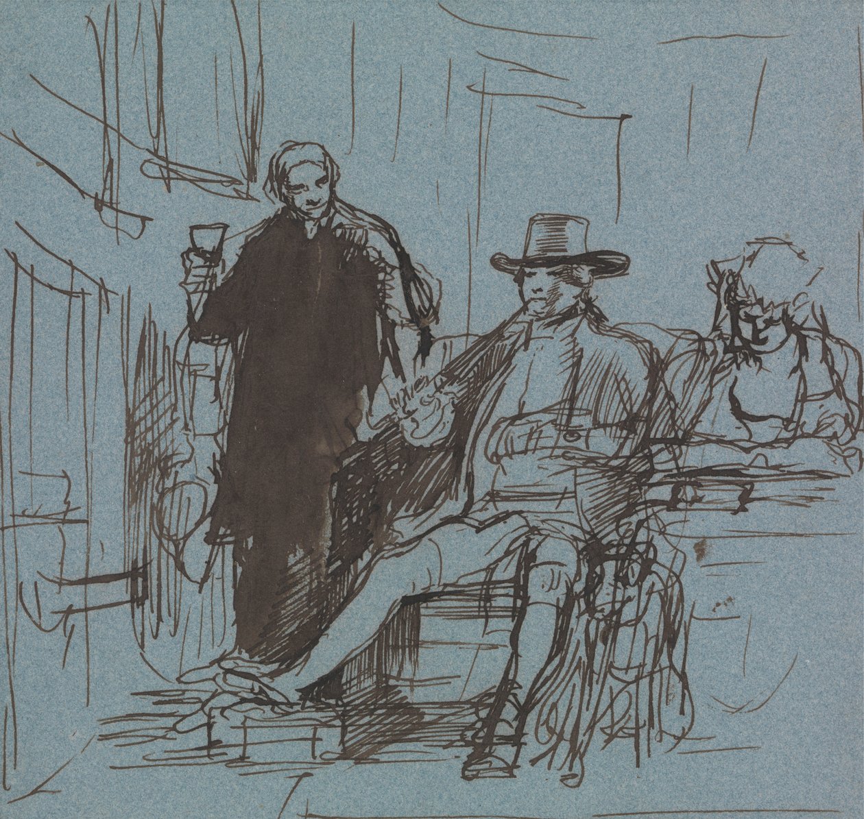Kapten Locker sitter vid ett bord med sin dotter; en butler som står bredvid honom av Sir David Wilkie